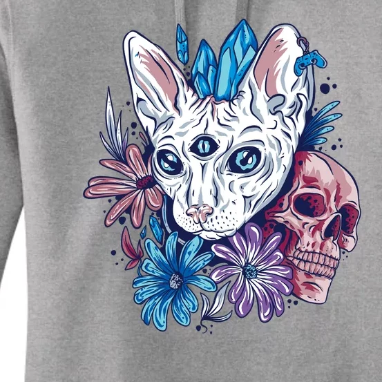 Mystic Cat Skull Floral Women's Pullover Hoodie