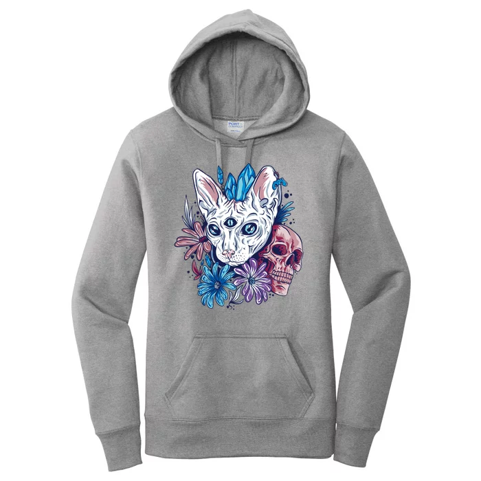 Mystic Cat Skull Floral Women's Pullover Hoodie