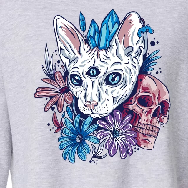 Mystic Cat Skull Floral Cropped Pullover Crew