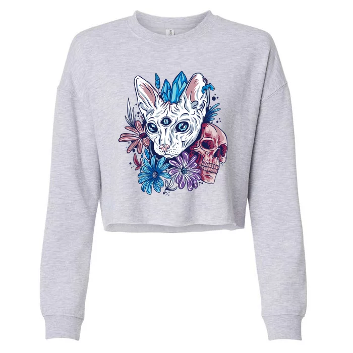 Mystic Cat Skull Floral Cropped Pullover Crew