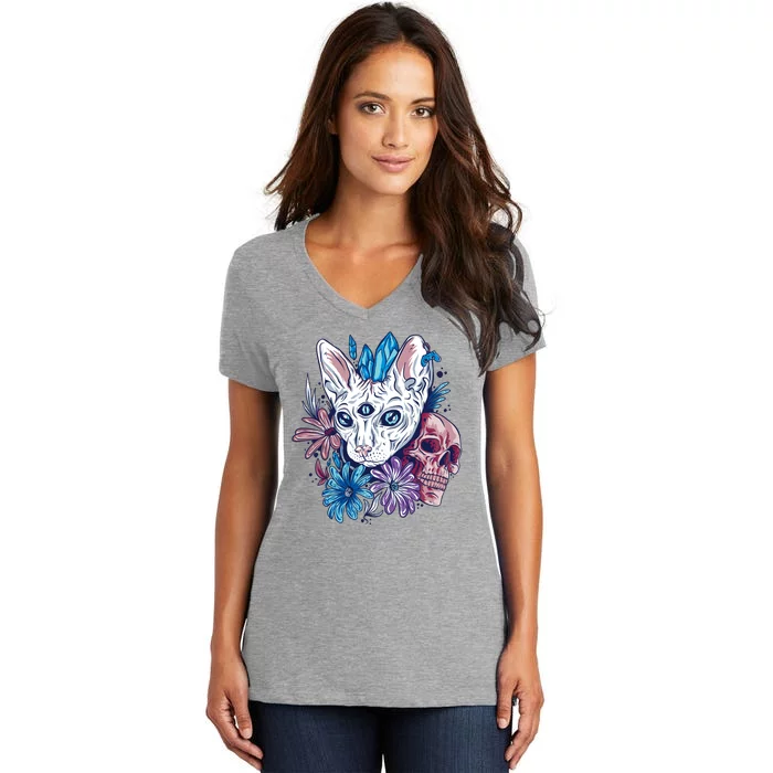 Mystic Cat Skull Floral Women's V-Neck T-Shirt