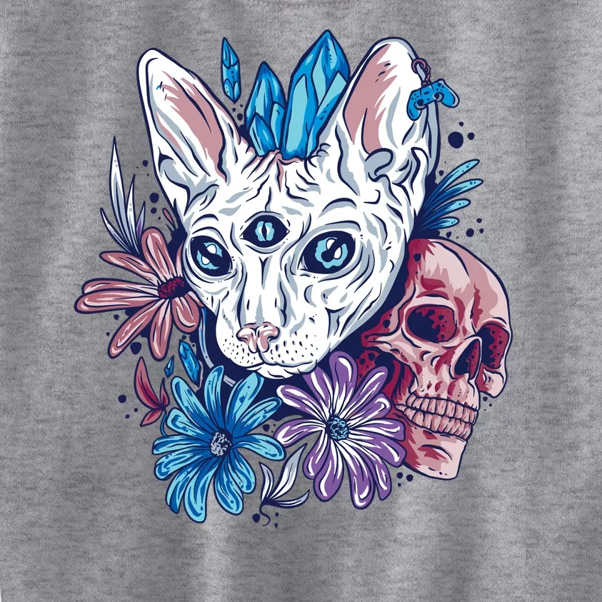 Mystic Cat Skull Floral Kids Sweatshirt