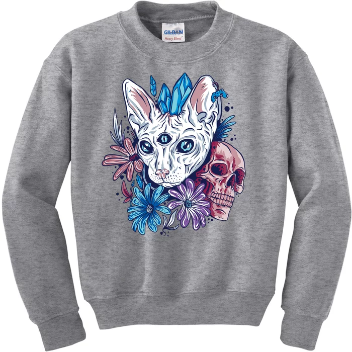 Mystic Cat Skull Floral Kids Sweatshirt