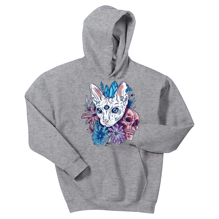 Mystic Cat Skull Floral Kids Hoodie