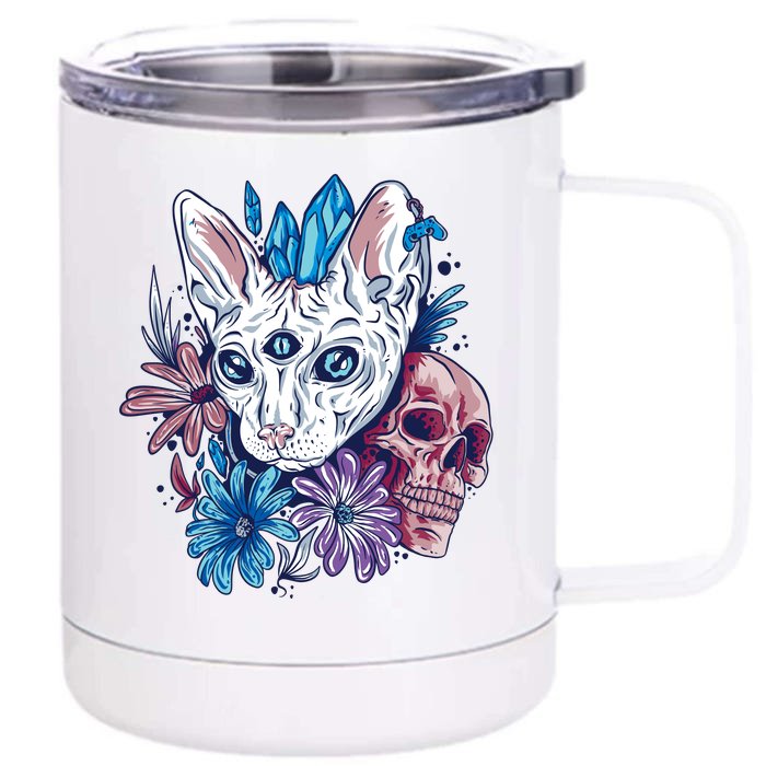 Mystic Cat Skull Floral Front & Back 12oz Stainless Steel Tumbler Cup