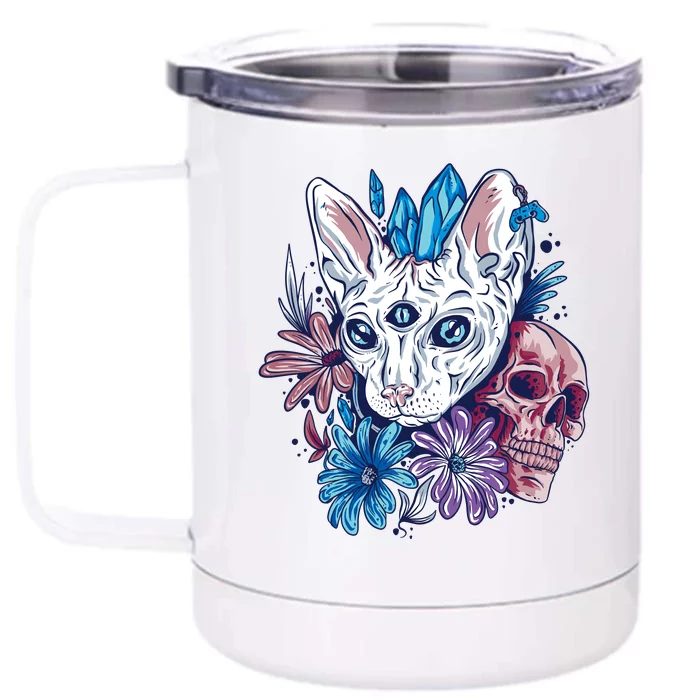 Mystic Cat Skull Floral Front & Back 12oz Stainless Steel Tumbler Cup