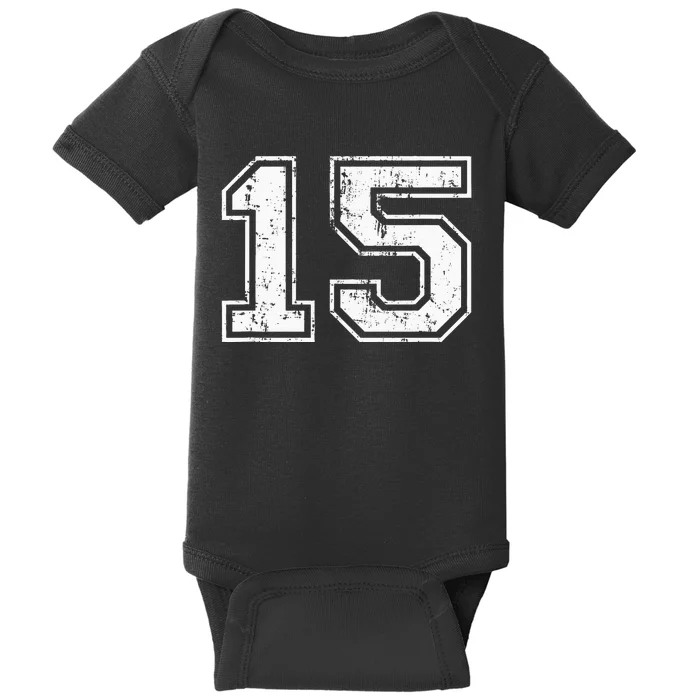 Number 15 Fifteen Distressed Vintage Sport Team Gym Training Baby Bodysuit