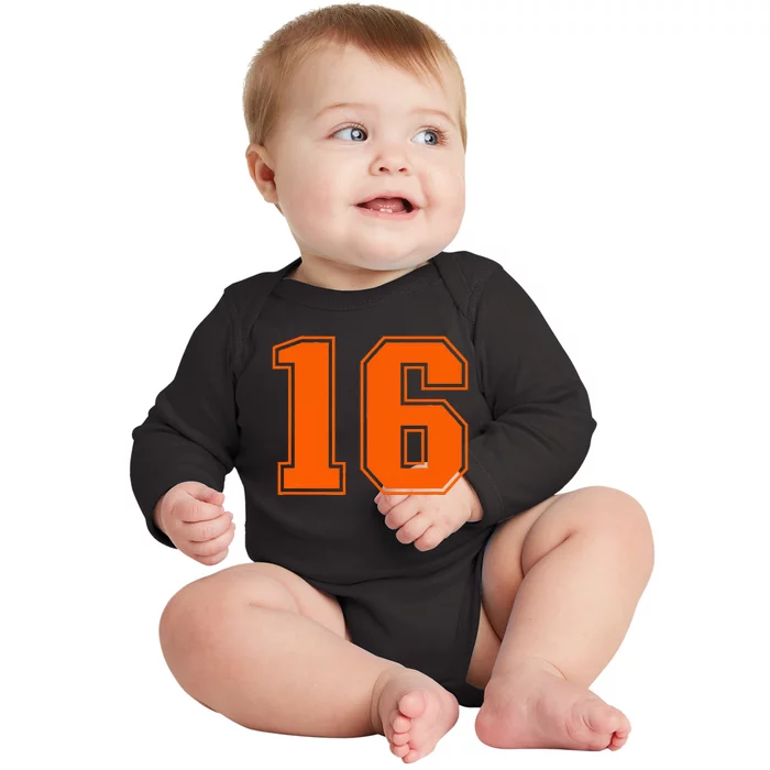 Number 16 Orange Sports Jersey Lucky Number Baby Long Sleeve Bodysuit