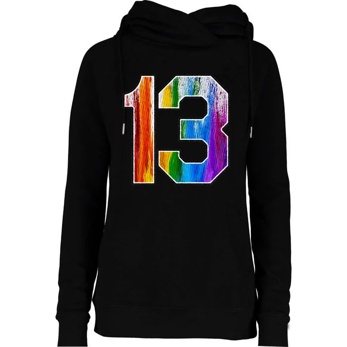 Number 13 Rainbow Pride Powder Tie Dye Flag Sports Fan Wear Womens Funnel Neck Pullover Hood