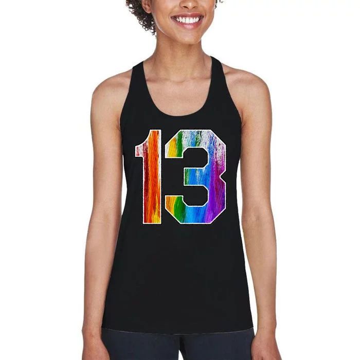 Number 13 Rainbow Pride Powder Tie Dye Flag Sports Fan Wear Women's Racerback Tank