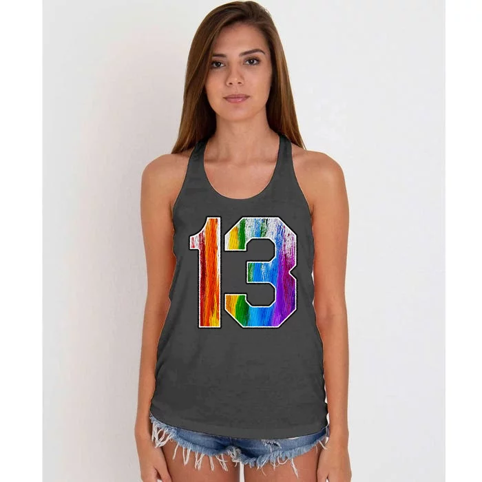 Number 13 Rainbow Pride Powder Tie Dye Flag Sports Fan Wear Women's Knotted Racerback Tank