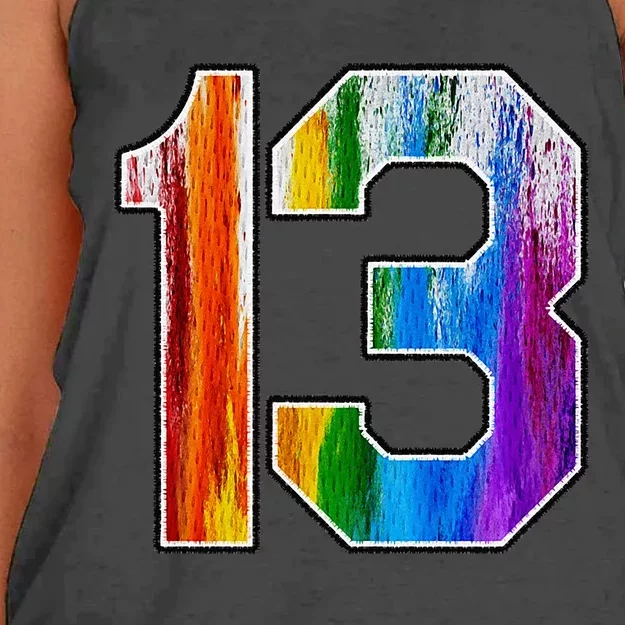 Number 13 Rainbow Pride Powder Tie Dye Flag Sports Fan Wear Women's Knotted Racerback Tank