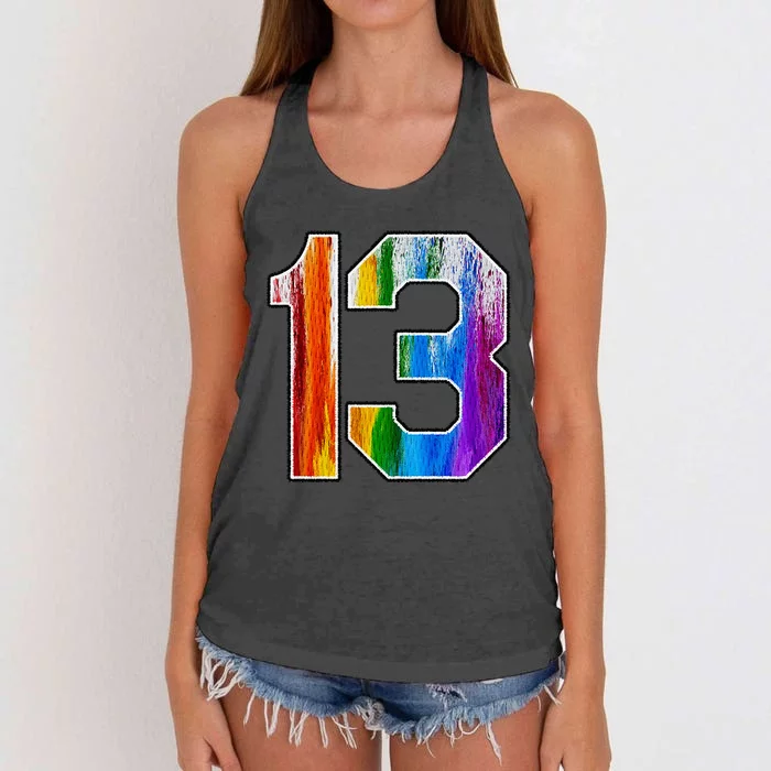 Number 13 Rainbow Pride Powder Tie Dye Flag Sports Fan Wear Women's Knotted Racerback Tank