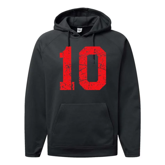 Number 10 Sports Jersey Red Distressed Vintage Lucky Number Performance Fleece Hoodie