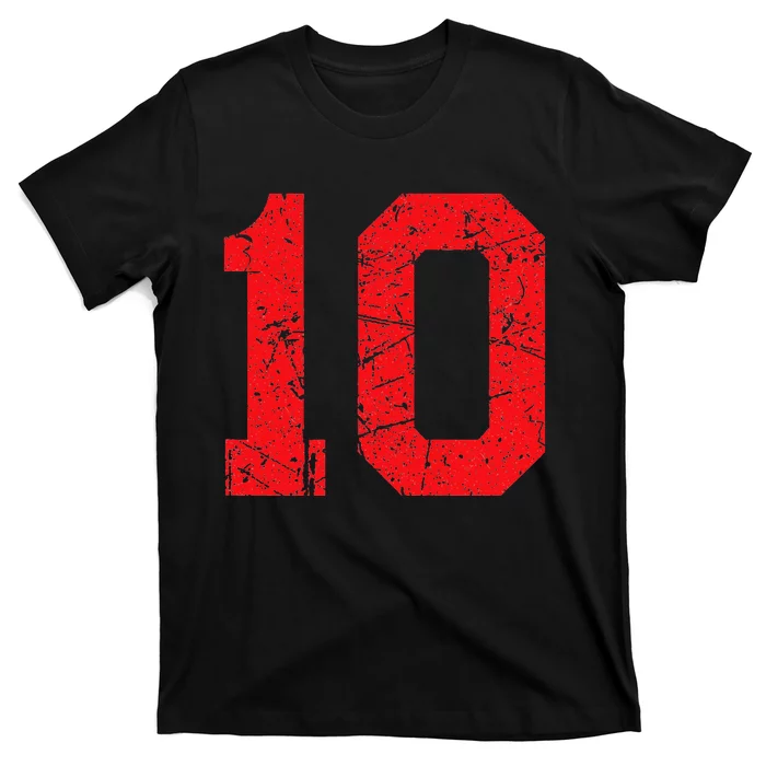 Number 10 Sports Jersey Red Distressed Vintage Lucky Number T-Shirt