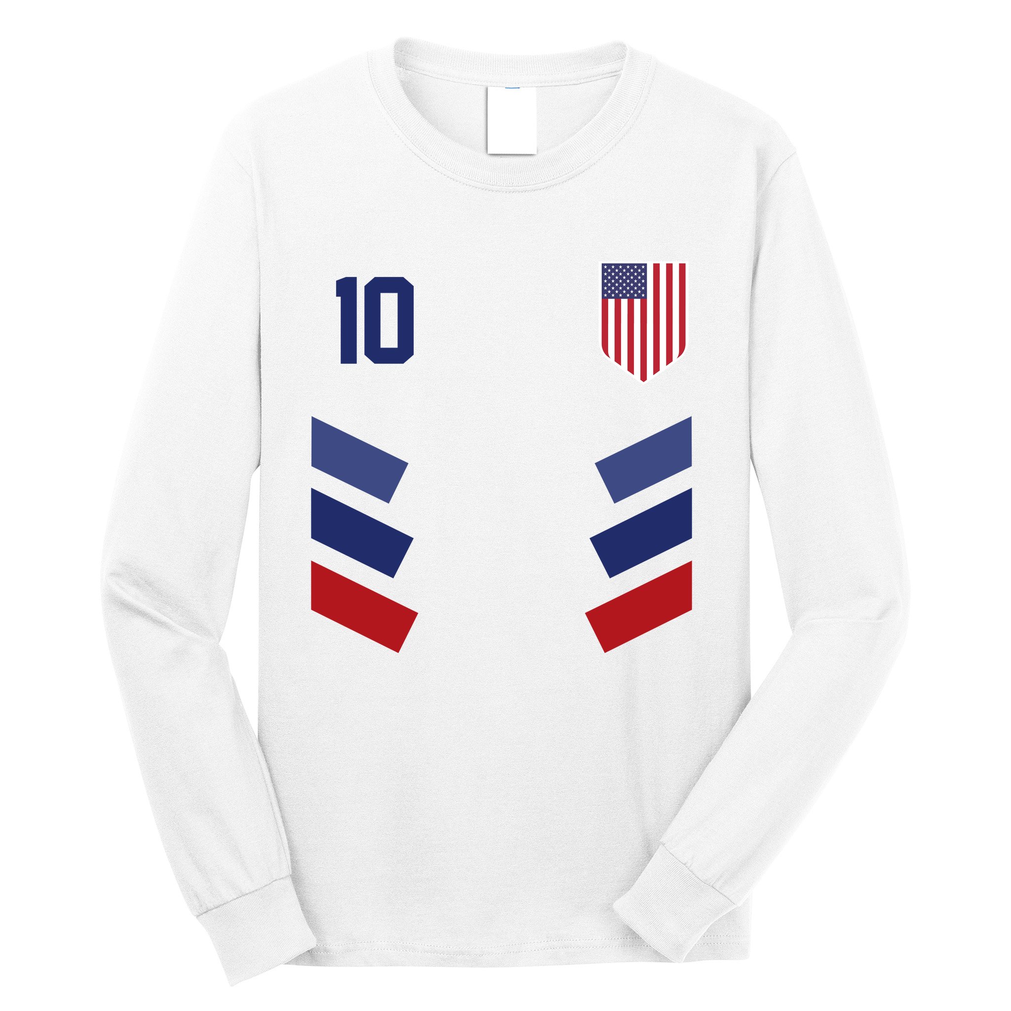 Number 10 USA Soccer American Flag Football Jersey Long Sleeve Shirt