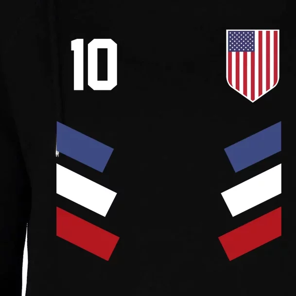 Number 10 USA Soccer American Flag Football Jersey Womens Funnel Neck Pullover Hood