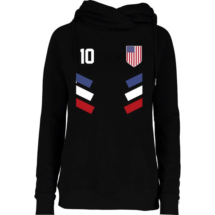 Number 10 USA Soccer American Flag Football Jersey Womens Funnel Neck Pullover Hood