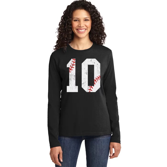 Number 10 Vintage 10th Birthday Baseball Lover 10 Years Old Ladies Long Sleeve Shirt