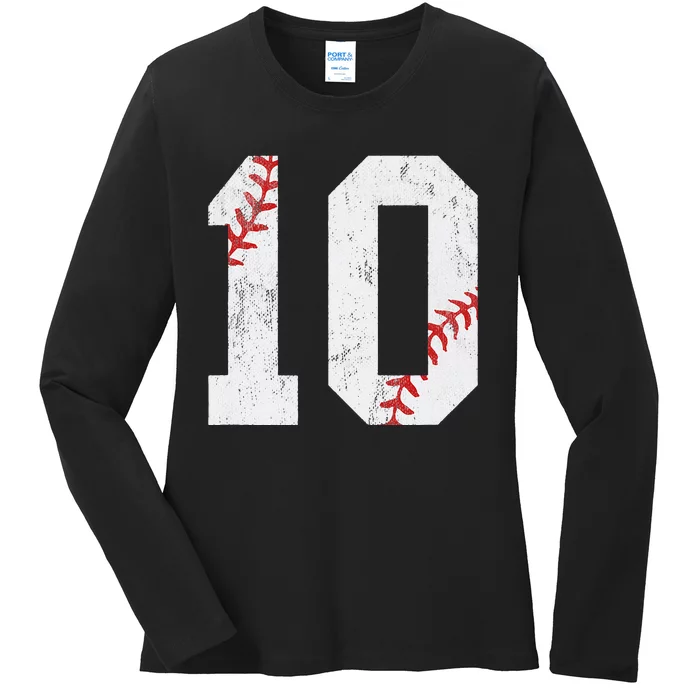 Number 10 Vintage 10th Birthday Baseball Lover 10 Years Old Ladies Long Sleeve Shirt