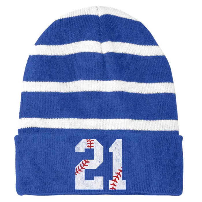 Number #21 Vintage 21st Birthday Baseball Lover 21 Years Old Gift Striped Beanie with Solid Band