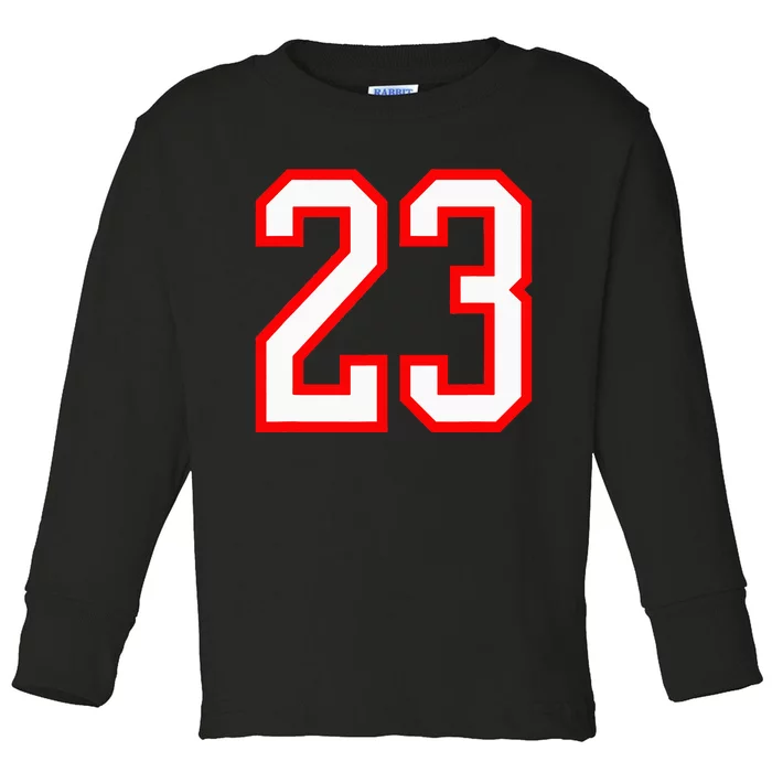 Number 23 White Red Sports Jersey Birthday Lucky Number 23 Toddler Long Sleeve Shirt