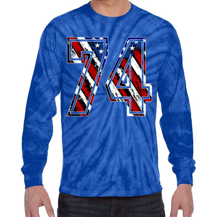 Number 74 Red White And Blue American Flag #74 Jersey Gift Tie-Dye Long Sleeve Shirt