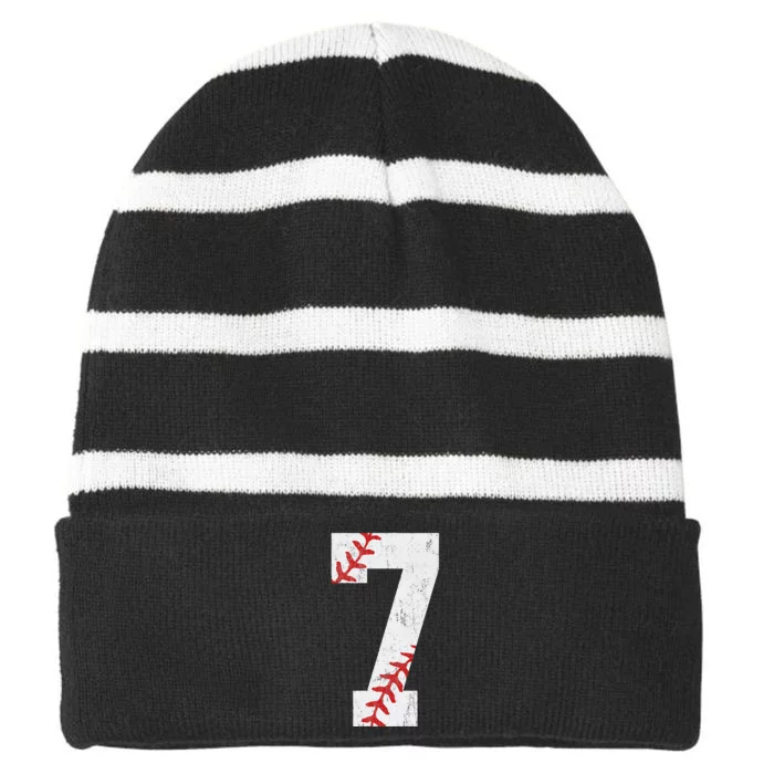 Number 7 Vintage 7th Birthday Baseball Lover 7 Years Old Striped Beanie with Solid Band