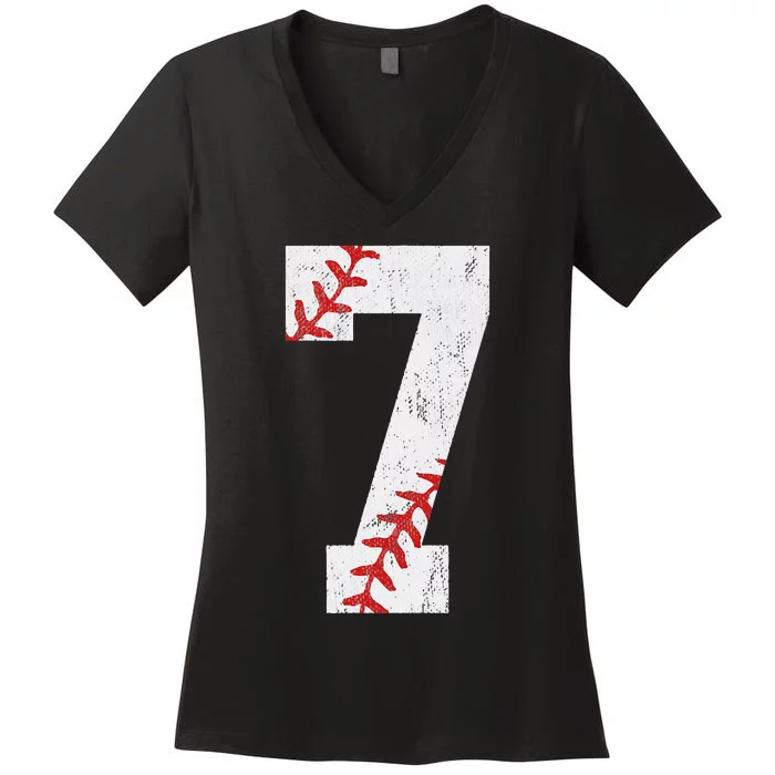 Number 7 Vintage 7th Birthday Baseball Lover 7 Years Old Women's V-Neck T-Shirt