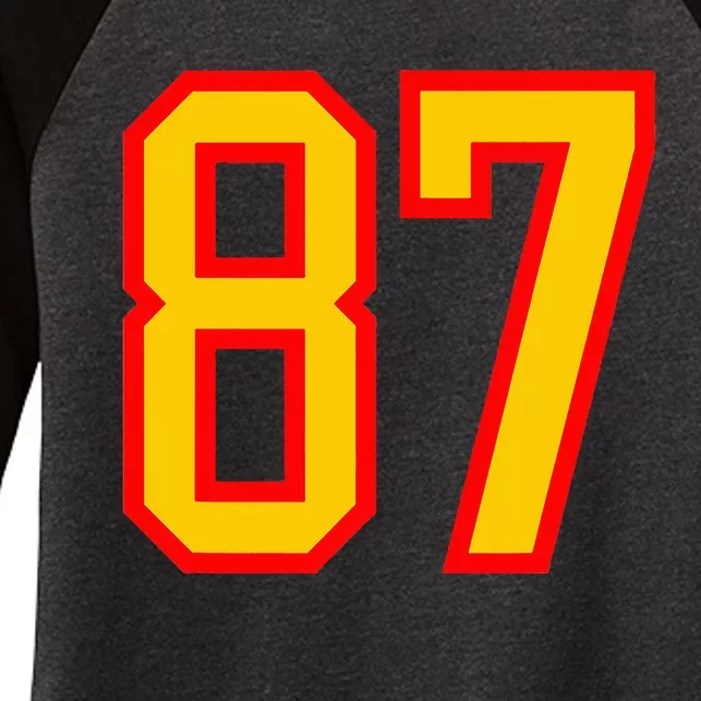 Number 87 Red Yellow Favorite Number 87 Women's Tri-Blend 3/4-Sleeve Raglan Shirt