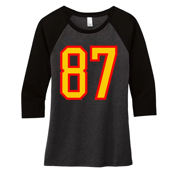 Number 87 Red Yellow Favorite Number 87 Women's Tri-Blend 3/4-Sleeve Raglan Shirt