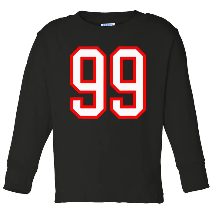 Number 99 White Red Sport Varsity Number 99 Toddler Long Sleeve Shirt