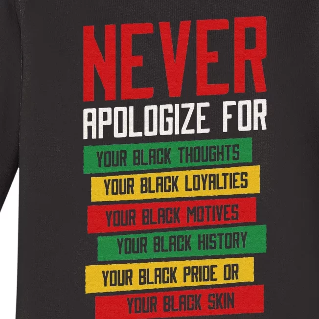 Never Apologize Black History Month BLM Melanin Pride Afro Baby Long Sleeve Bodysuit