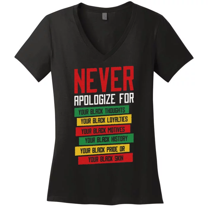 Never Apologize Black History Month BLM Melanin Pride Afro Women's V-Neck T-Shirt