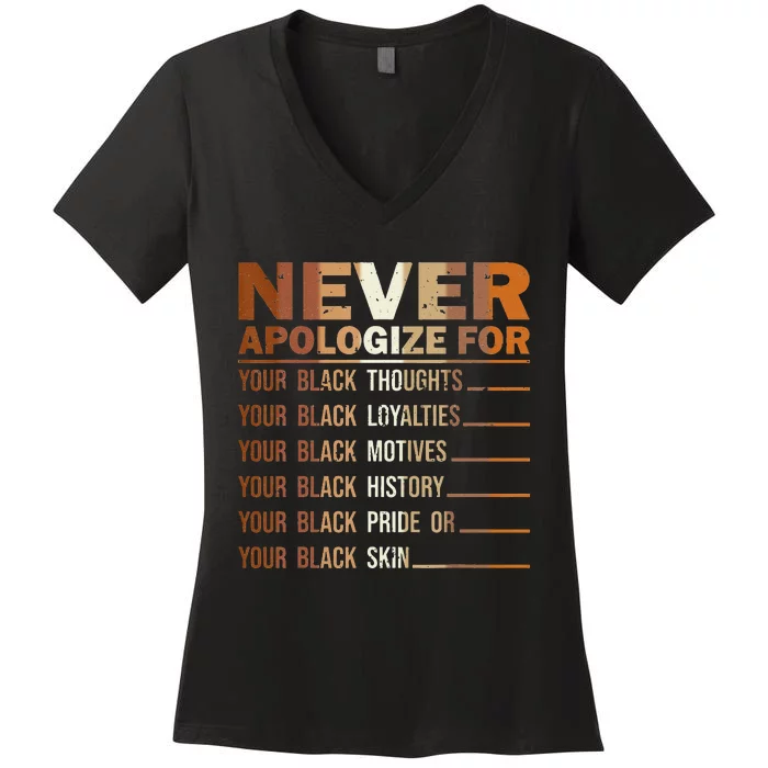 Never Apologize Black History Month BLM Melanin Pride Afro Women's V-Neck T-Shirt