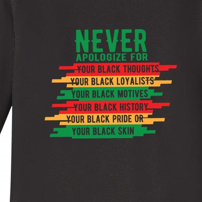 Never Apologize Black History Month BLM Melanin Pride Afro Baby Long Sleeve Bodysuit