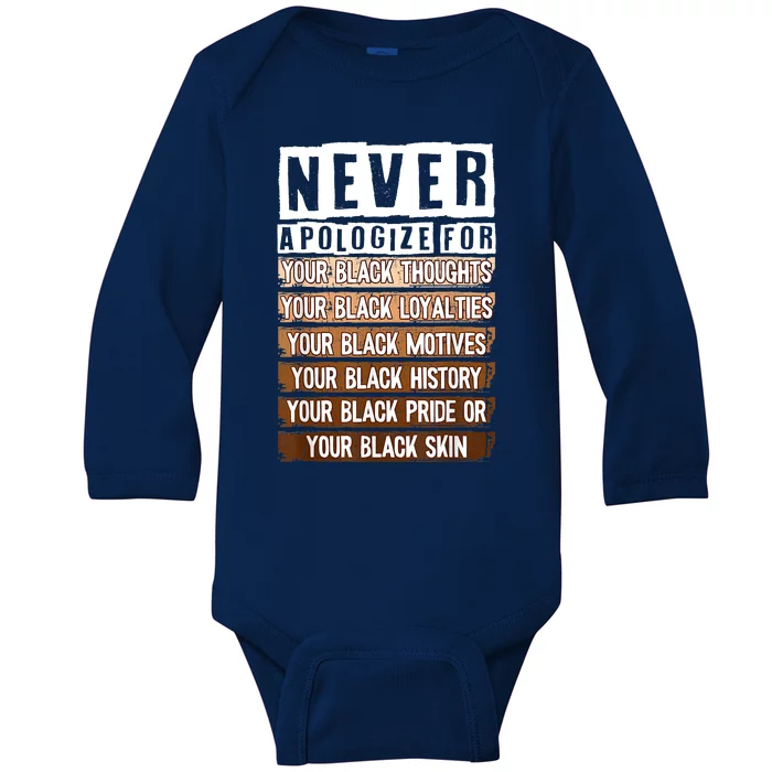 Never Apologize Black History Month BLM Melanin Pride Afro Baby Long Sleeve Bodysuit