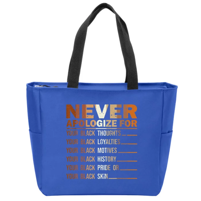 Never Apologize Black History Month BLM Melanin Pride Zip Tote Bag