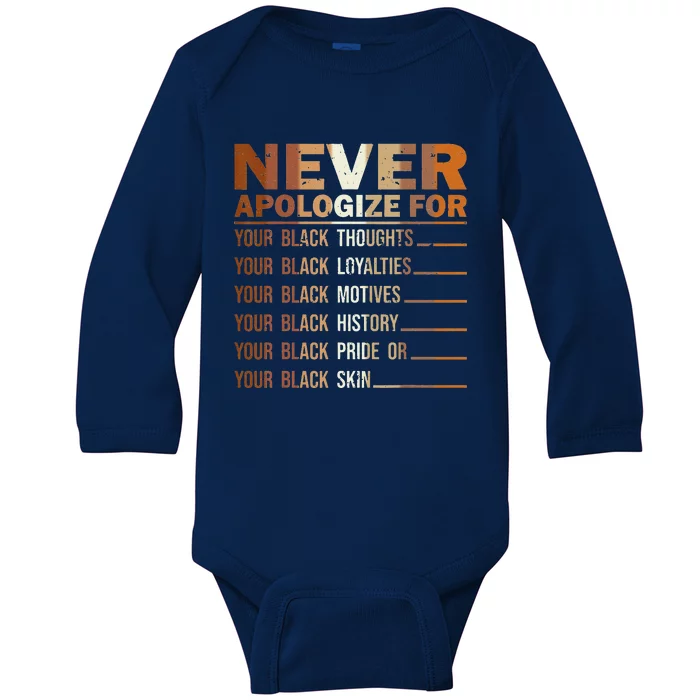 Never Apologize Black History Month BLM Melanin Pride Baby Long Sleeve Bodysuit