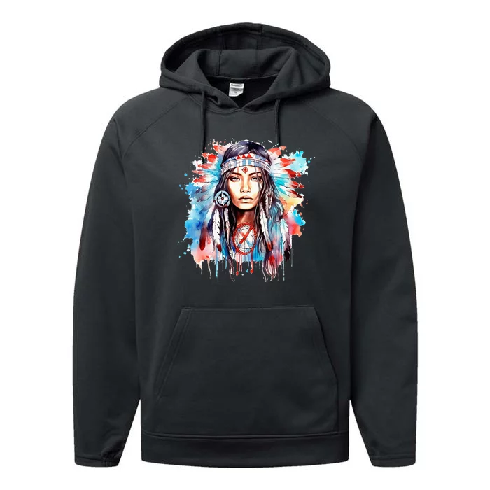 Native American Day Indigenous Girl With Feathers Performance Fleece Hoodie