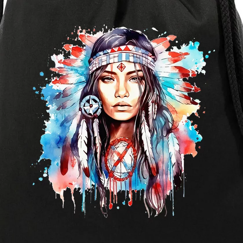 Native American Day Indigenous Girl With Feathers Drawstring Bag