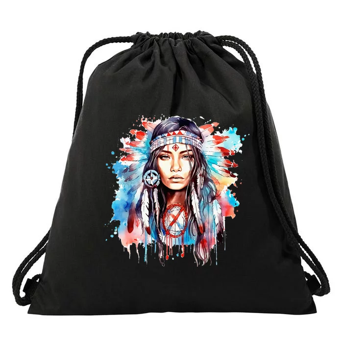 Native American Day Indigenous Girl With Feathers Drawstring Bag