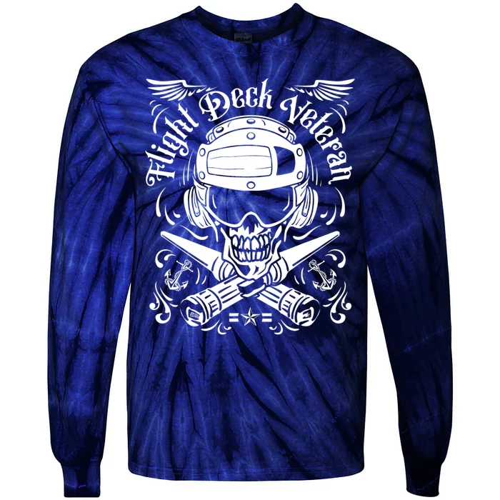 Naval Aviation Flight Deck Veteran Skull Vintage Distressed Tie-Dye Long Sleeve Shirt