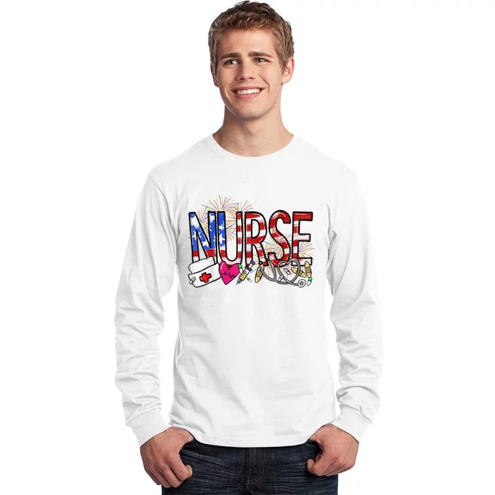 Nurse American Flag Stethoscope Pride 4th Of July Fireworks Tall Long Sleeve T-Shirt