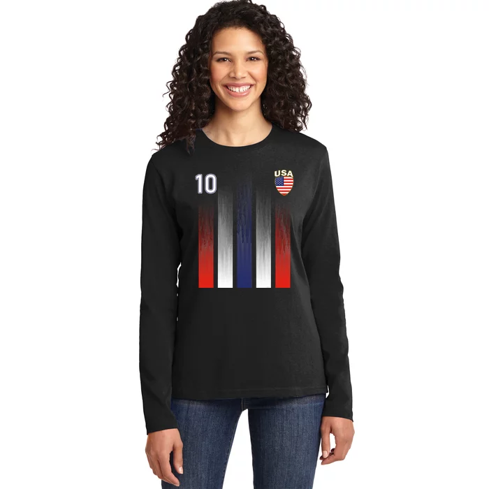 National America Flag American Soccer USA Jersey Fan 10 Ladies Long Sleeve Shirt