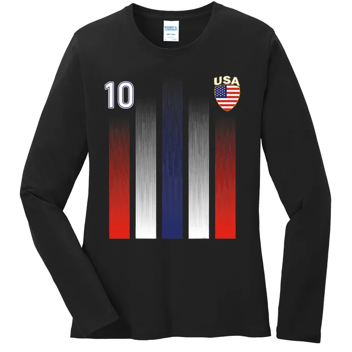 National America Flag American Soccer USA Jersey Fan 10 Ladies Long Sleeve Shirt