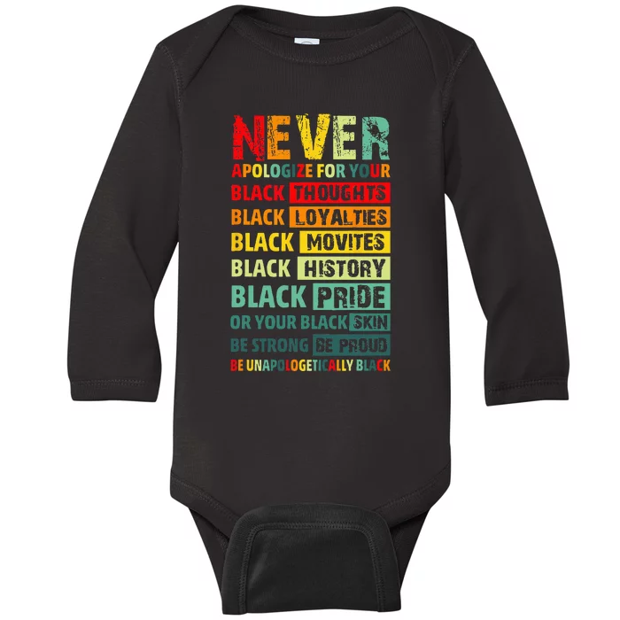 Never Apologize For Your Blackness Black History Juneteenth Baby Long Sleeve Bodysuit