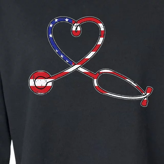 Nurse American Flag 4th Of July Heart Patriotic RN Nursing Cropped Pullover Crew