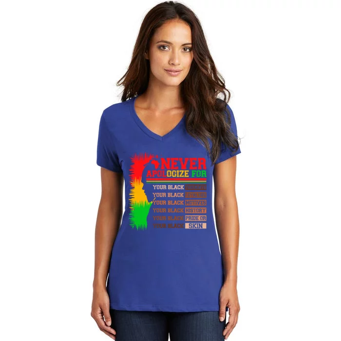 Never Apologize For Your Blackness Juneteenth Black History Funny Gift Women's V-Neck T-Shirt