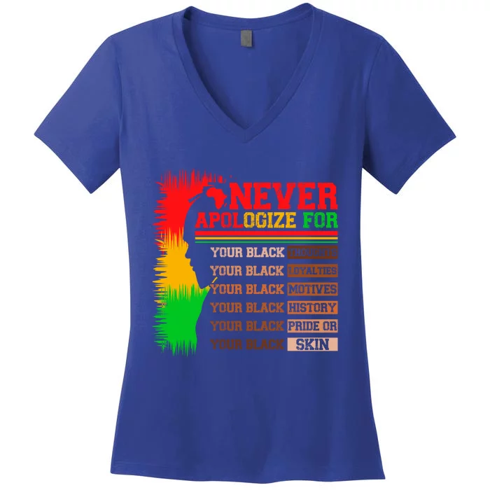 Never Apologize For Your Blackness Juneteenth Black History Funny Gift Women's V-Neck T-Shirt